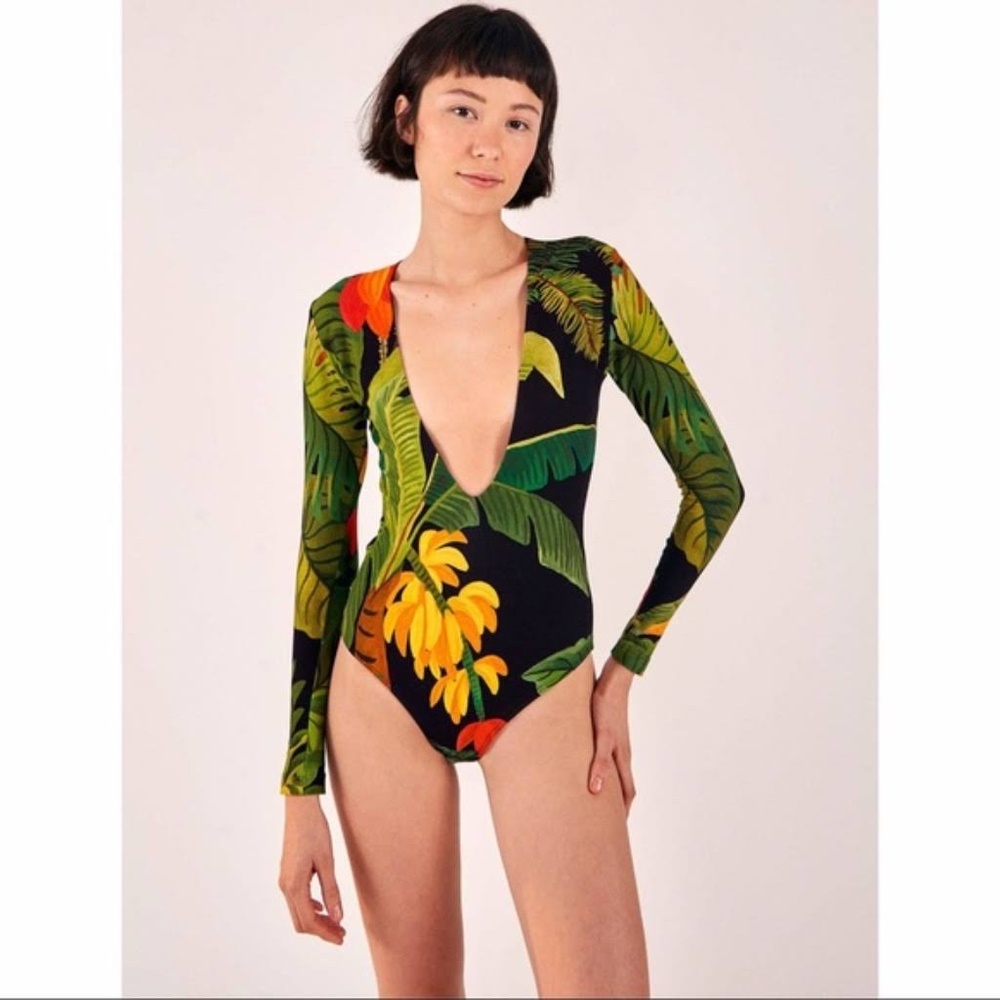 Farm Rio Black Green Jungle Long Sleeve V Neck Bodysuit